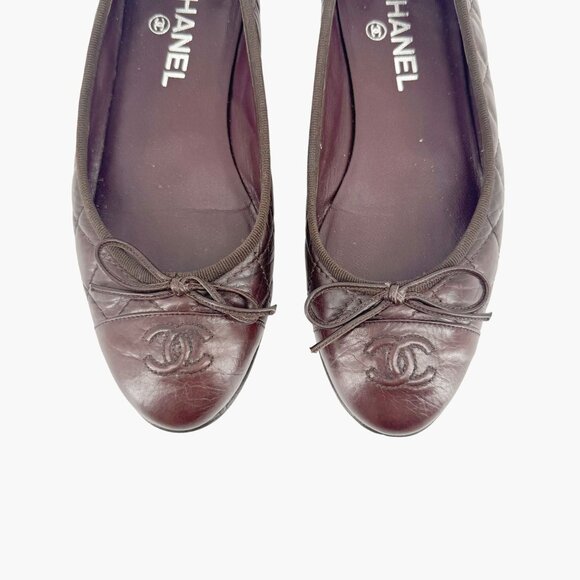 Chanel CC Cap Toe Ballet Flats EU 37 US 6-6.5 Brown Quilted Leather Loafer Shoe - Picture 3 of 12
